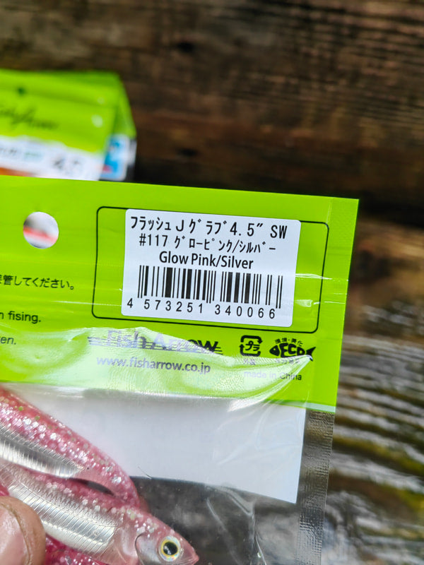 Fish Arrow Flash-J Grub 4,5″ SW 117 Glow Pink/Silver — etykieta i opakowanie