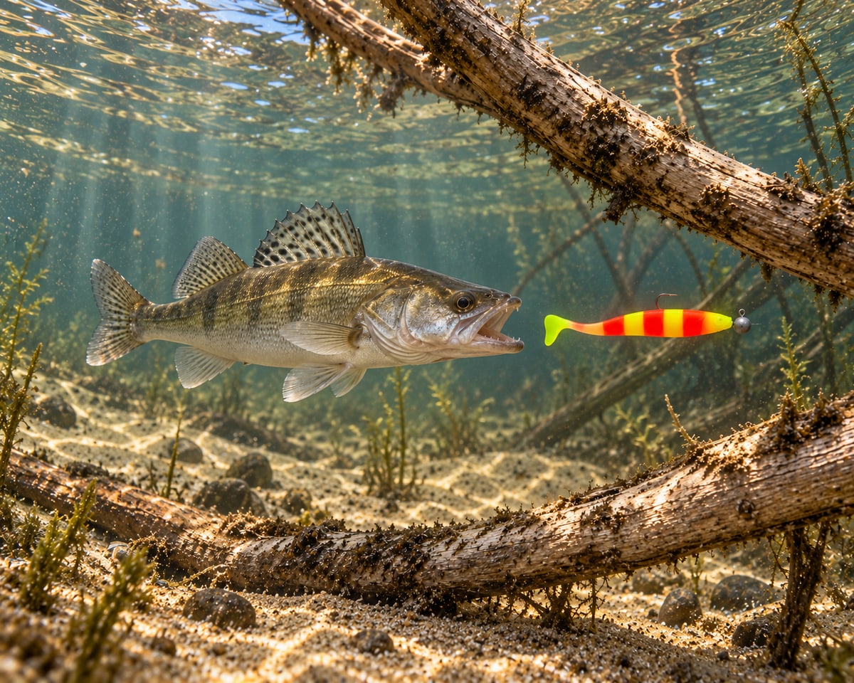 Kopyto Magic Baits 11 cm killer na Sandacze #04 — sandacz atakujący przynętę pod wodą, wizualizacja