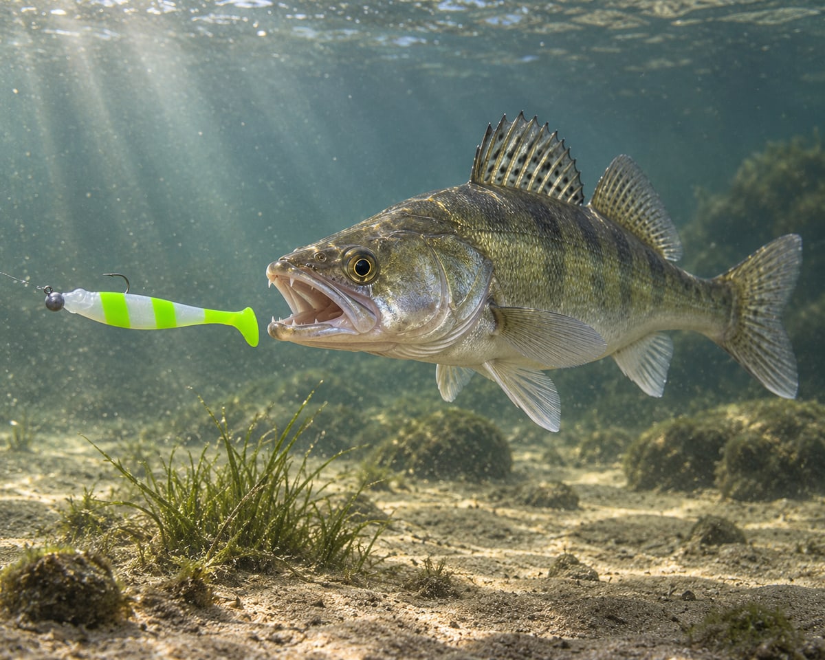 Kopyto Magic Baits 11 cm killer na Sandacze #05 — sandacz atakujący przynętę pod wodą, wizualizacja