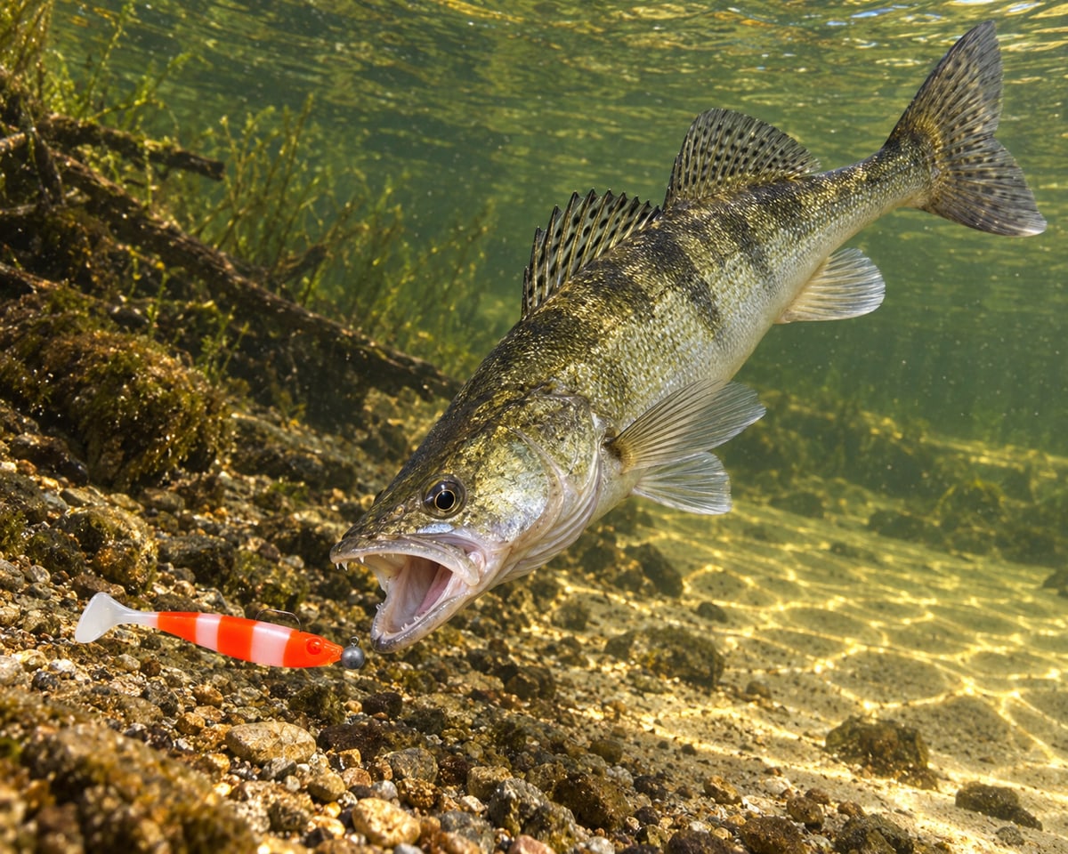 Kopyto Magic Baits 11 cm killer na Sandacze #07 — sandacz atakujący przynętę pod wodą, wizualizacja