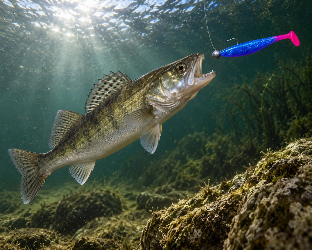 Kopyto Magic Baits 11 cm killer na Sandacze #08 — sandacz atakujący przynętę pod wodą, wizualizacja