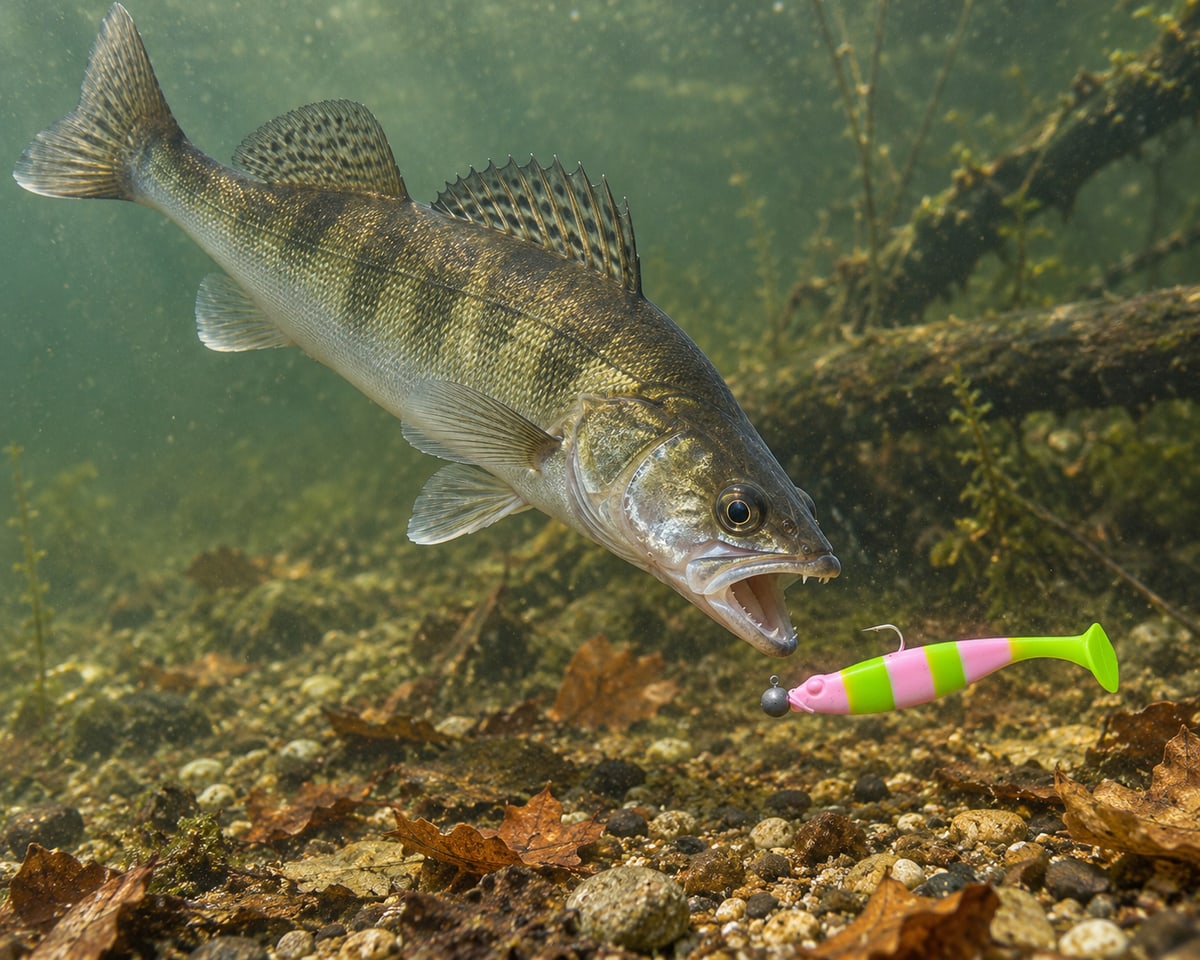 Kopyto Magic Baits 11 cm killer na Sandacze #09 — sandacz atakujący przynętę pod wodą, wizualizacja