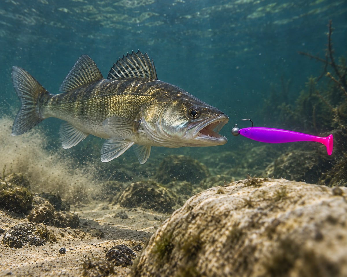 Kopyto Magic Baits 11 cm killer na Sandacze #10 — sandacz atakujący przynętę pod wodą, wizualizacja
