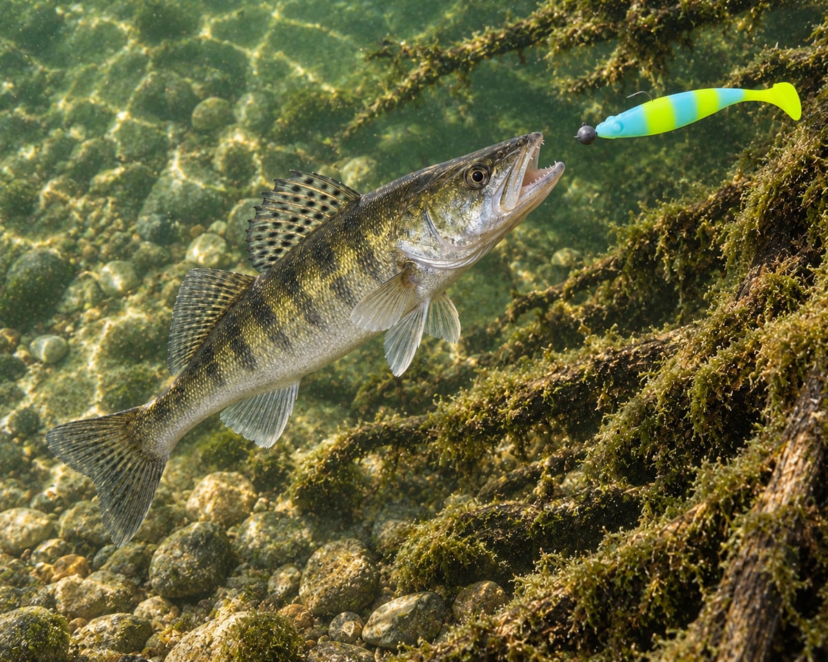 Kopyto Magic Baits 11 cm killer na Sandacze #12 — sandacz atakujący przynętę pod wodą, wizualizacja