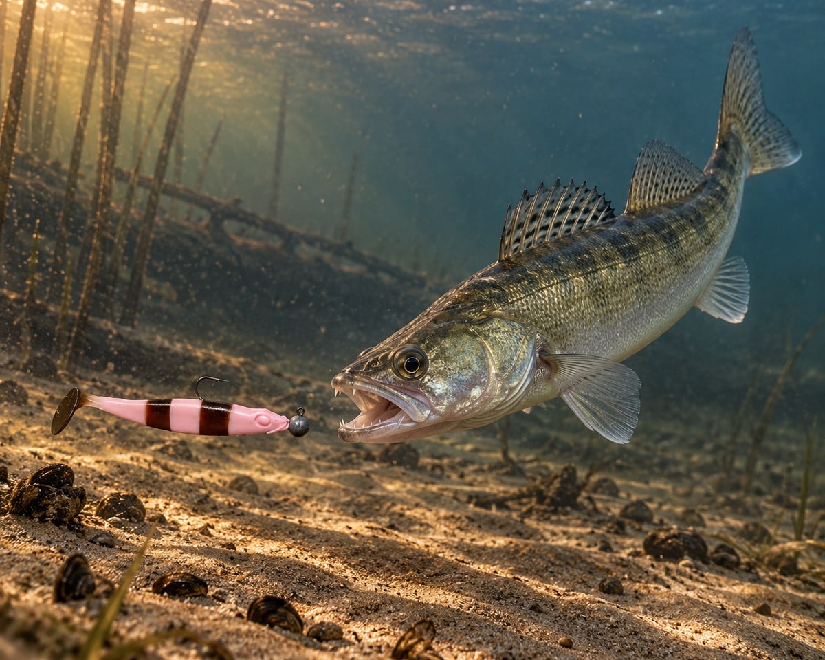 Kopyto Magic Baits 11 cm killer na Sandacze #14 — sandacz atakujący przynętę pod wodą, wizualizacja