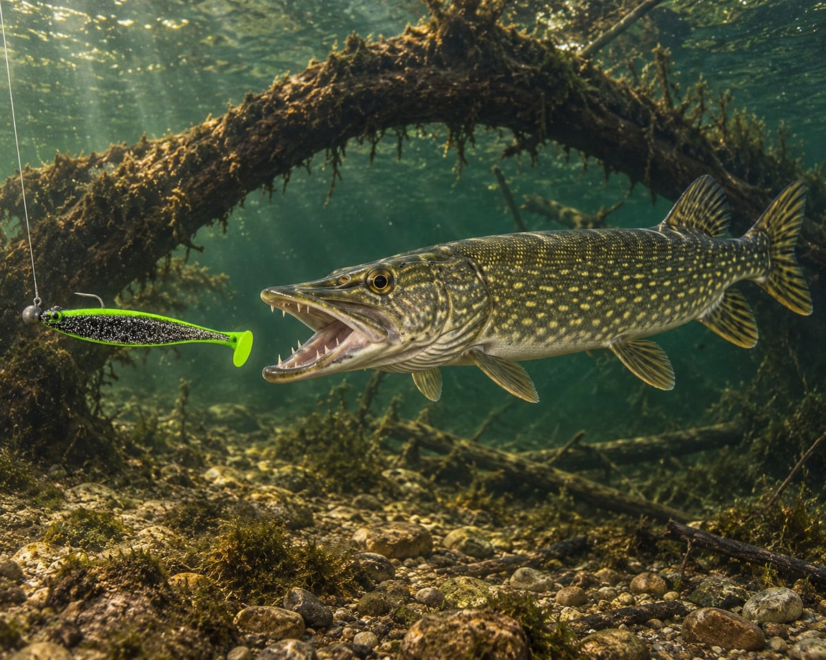 Kopyto Magic Baits 16 cm #06 – czarno-zielony — szczupak atakujący przynętę pod wodą, wizualizacja