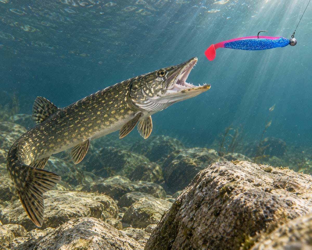 Kopyto Magic Baits 16 cm killer na Sandacze #08 — szczupak atakujący przynętę pod wodą, wizualizacja