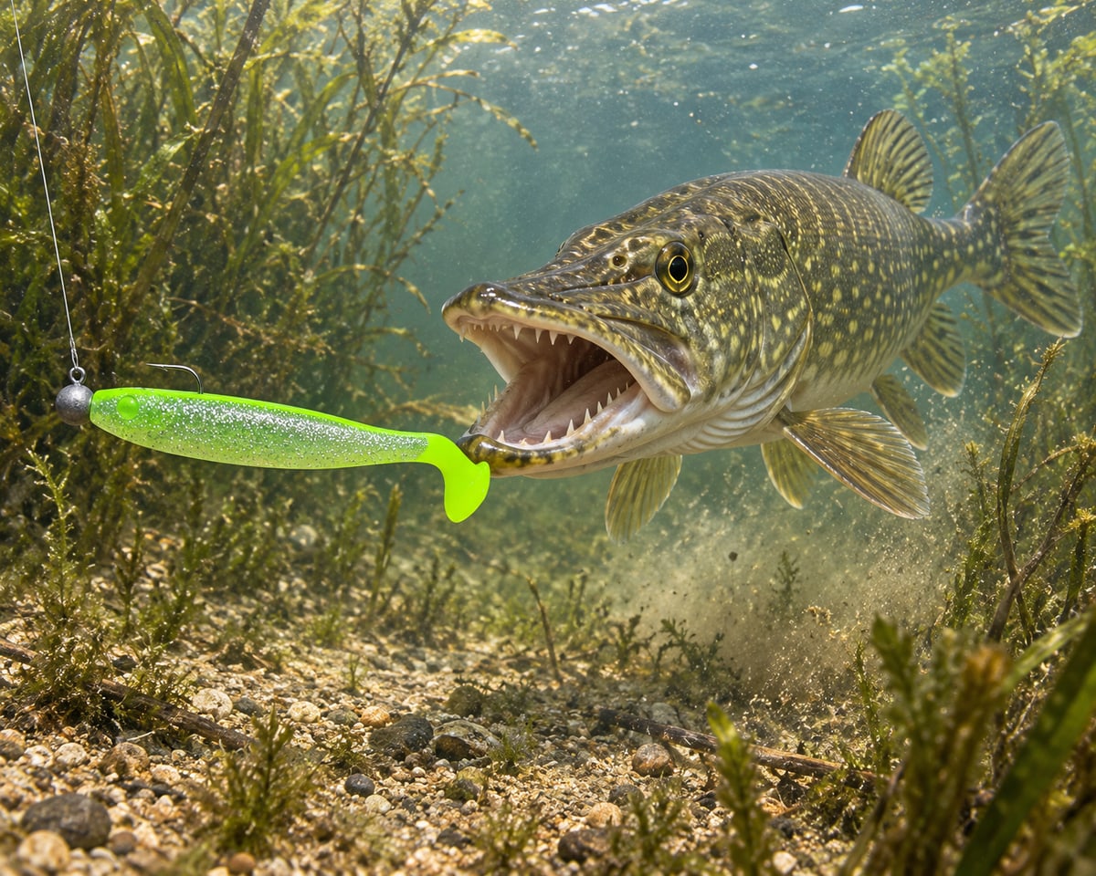 Kopyto Magic Baits 16 cm killer na Sandacze #15 — szczupak atakujący przynętę pod wodą, wizualizacja