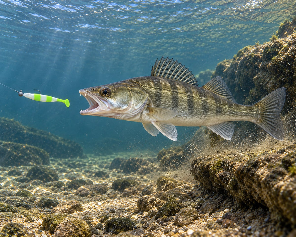 Kopyto Magic Baits 90 mm killer na Sandacze #05 — sandacz atakujący przynętę pod wodą, wizualizacja