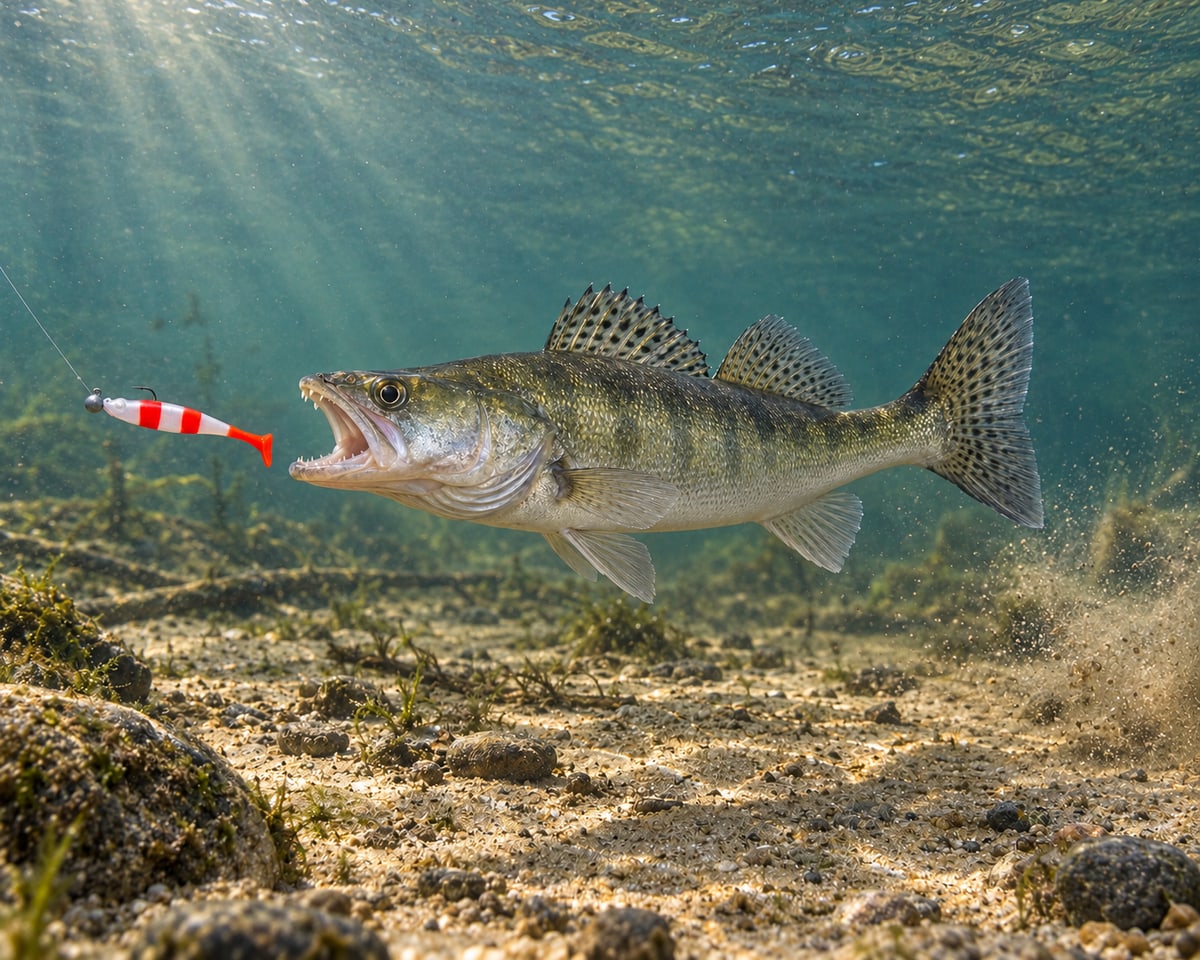 Kopyto Magic Baits 90 mm killer na Sandacze #06 — sandacz atakujący przynętę pod wodą, wizualizacja