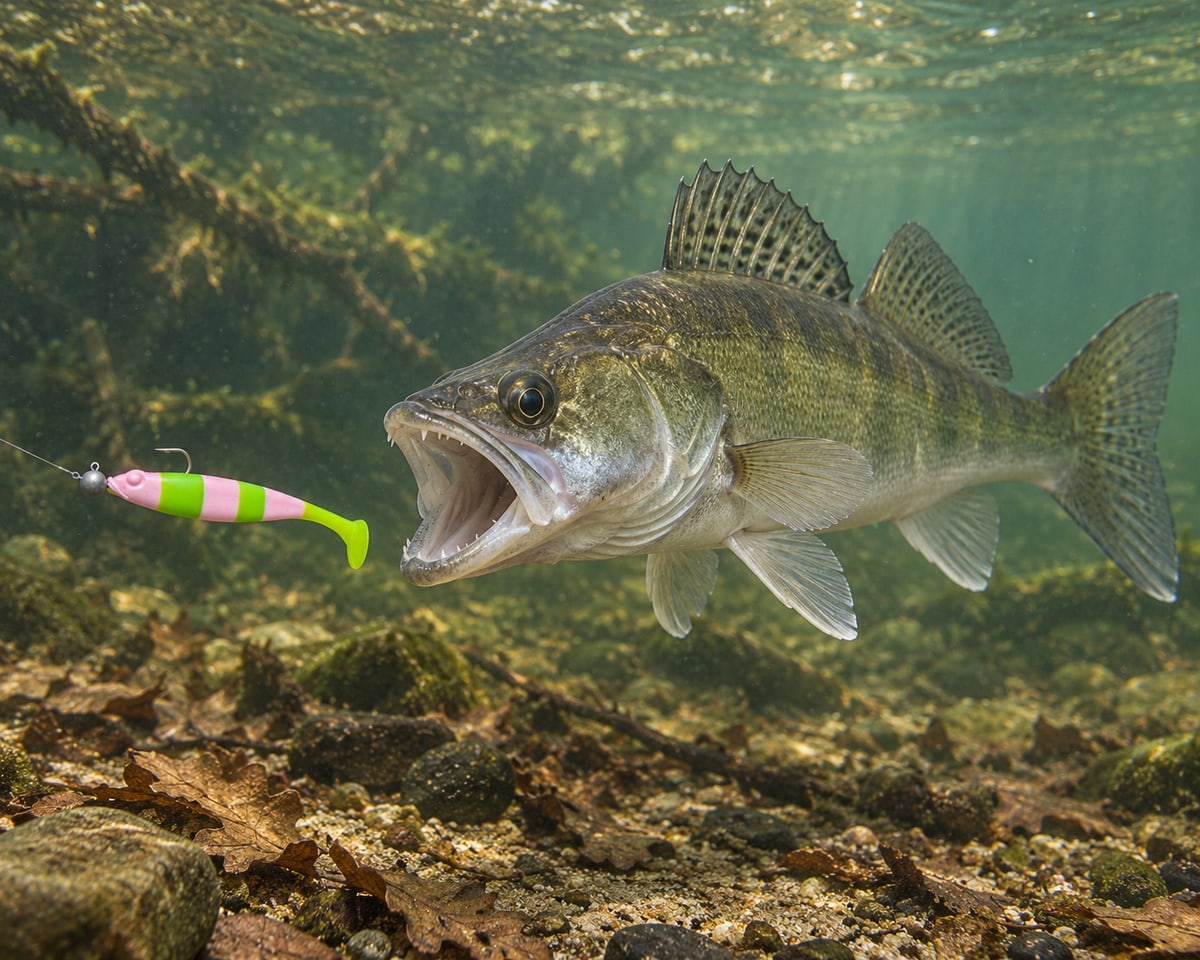 Kopyto Magic Baits 90 mm killer na Sandacze #09 — sandacz atakujący przynętę pod wodą, wizualizacja