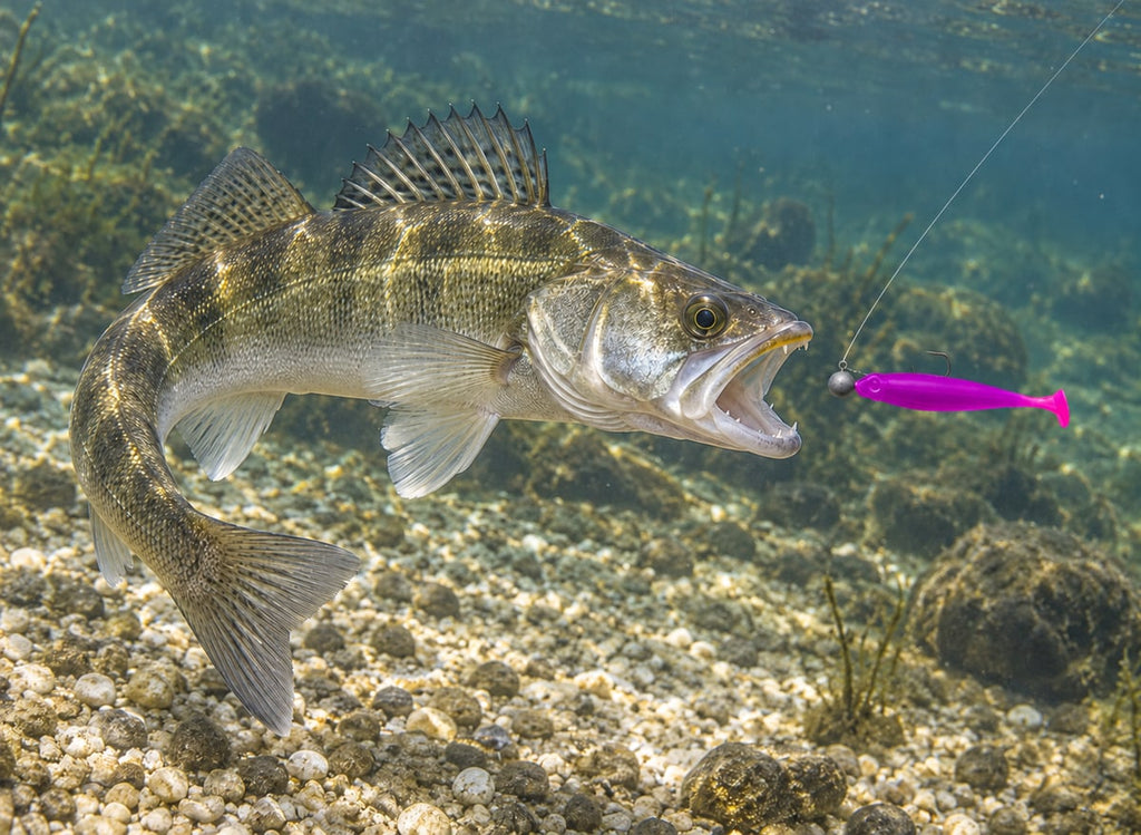 Kopyto Magic Baits 90 mm killer na Sandacze #10 — sandacz atakujący przynętę pod wodą, wizualizacja