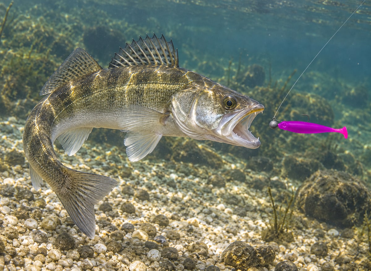 Kopyto Magic Baits 90 mm killer na Sandacze #10 — sandacz atakujący przynętę pod wodą, wizualizacja
