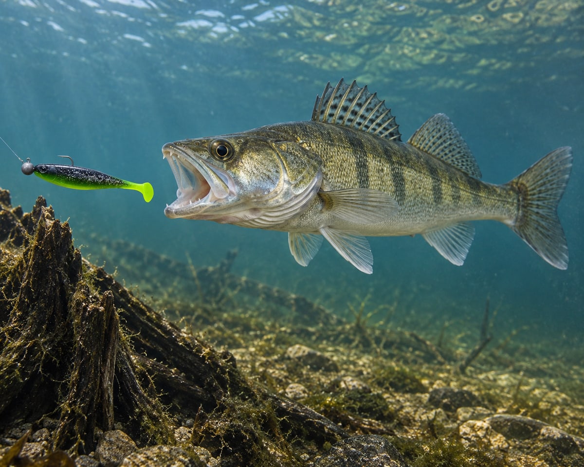 Kopyto Magic Baits 90 mm killer na Sandacze #11 — sandacz atakujący przynętę pod wodą, wizualizacja