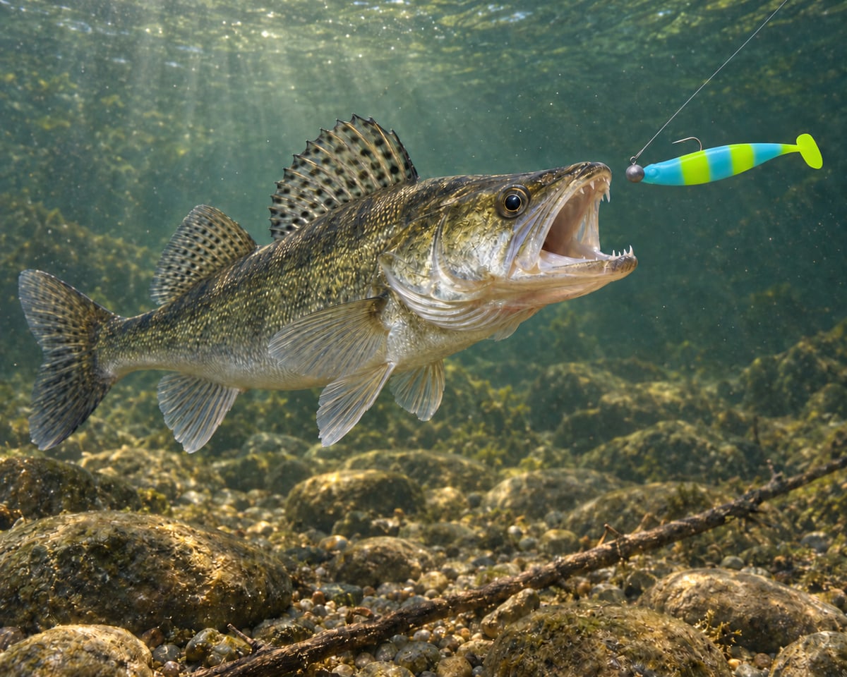 Kopyto Magic Baits 90 mm killer na Sandacze #12 — sandacz atakujący przynętę pod wodą, wizualizacja