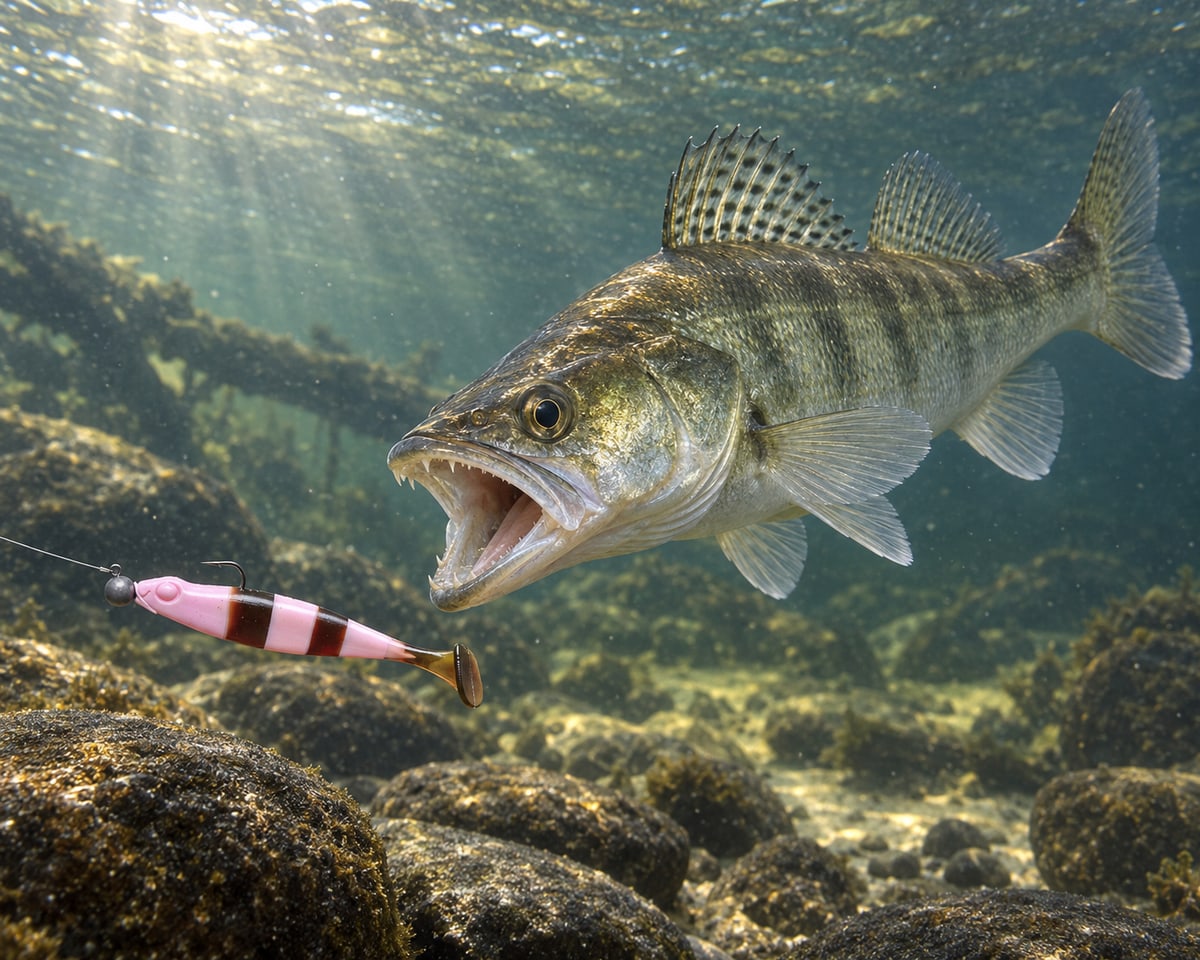 Kopyto Magic Baits 90 mm killer na Sandacze #14 — sandacz atakujący przynętę pod wodą, wizualizacja
