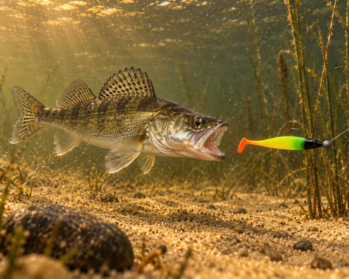 Kopyto Magic Baits 90 mm killer na Sandacze #15 — sandacz atakujący przynętę pod wodą, wizualizacja