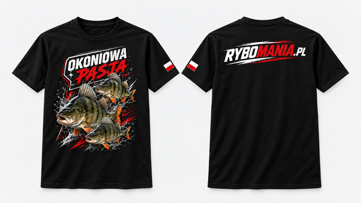 Okoniowa Pasja – czarna koszulka, przód z trzema okoniami i tył z logo Rybomania