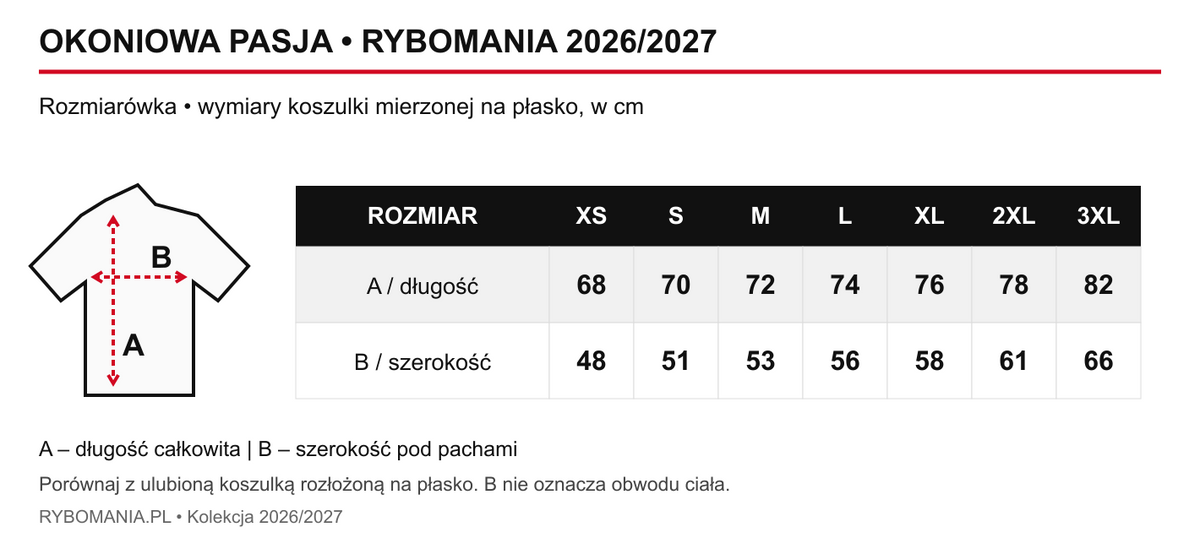 Tabela rozmiarów Okoniowa Pasja XS–3XL – długość A i szerokość pod pachami B w centymetrach