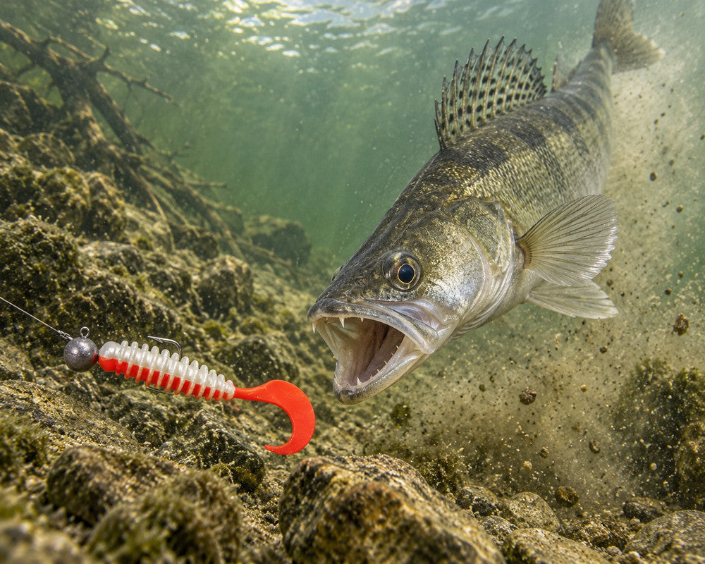 Boroda Baits Phantom 110 mm 205i — sandacz atakujący przynętę przy dnie, wizualizacja AI