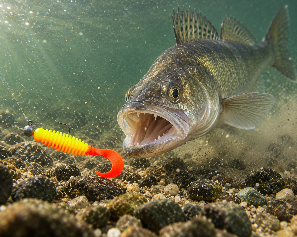Boroda Baits Phantom 110 mm 242 — sandacz atakujący przynętę przy dnie, wizualizacja AI