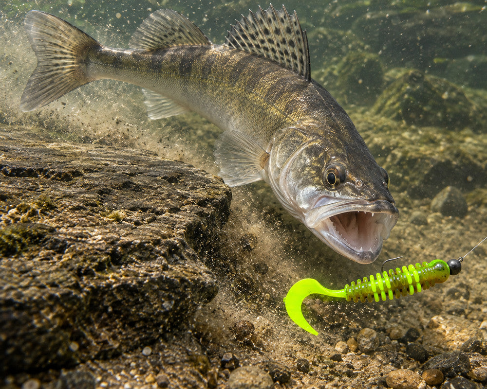 Boroda Baits Phantom 110 mm 243i — sandacz atakujący przynętę przy dnie, wizualizacja AI