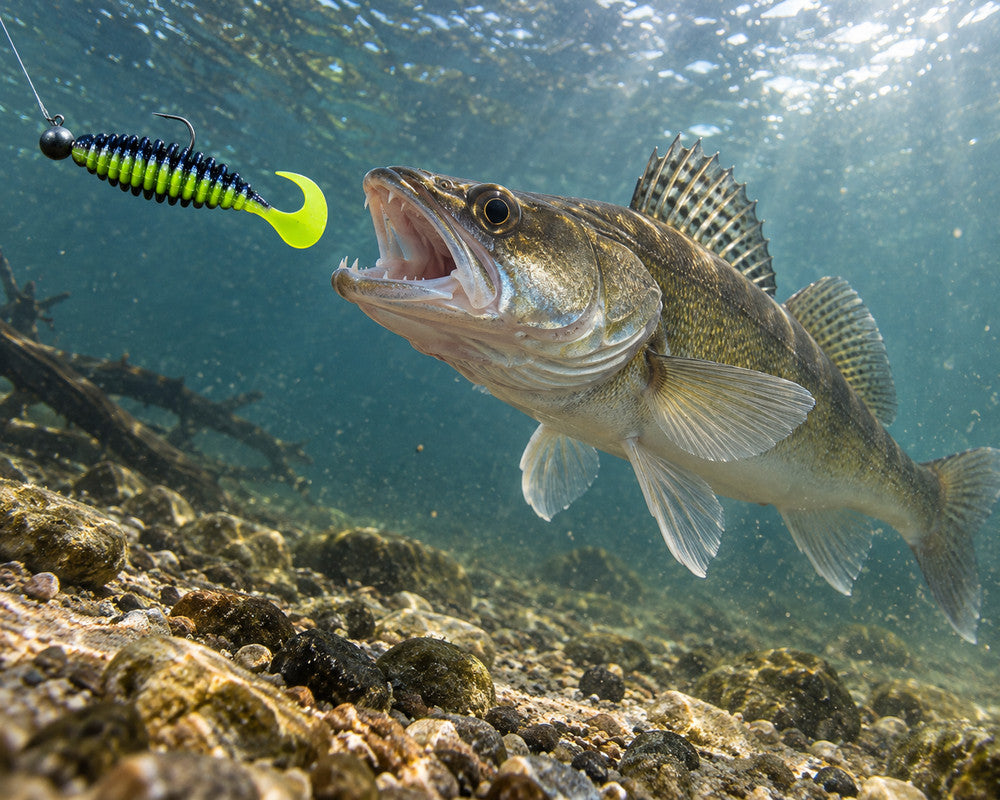 Boroda Baits Phantom 110 mm 302 — sandacz atakujący przynętę przy dnie, wizualizacja AI