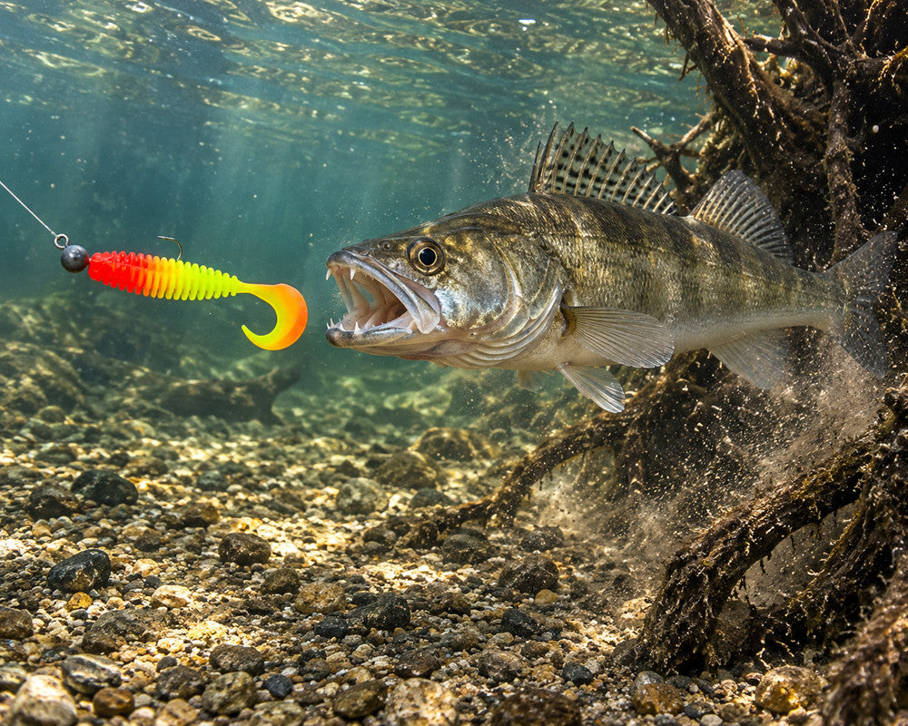 Boroda Baits Phantom 110 mm 302 — sandacz atakujący przynętę przy dnie, wizualizacja AI