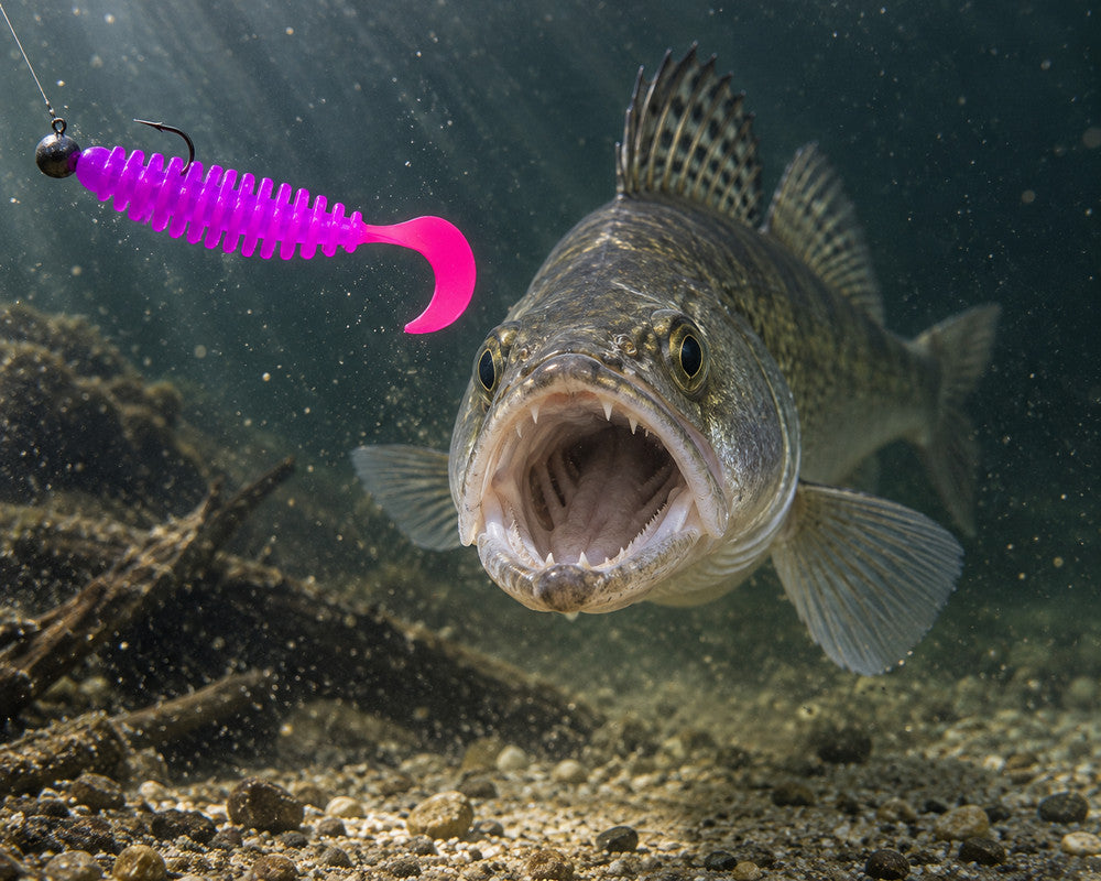Boroda Baits Phantom 110 mm 303 — sandacz atakujący przynętę przy dnie, wizualizacja AI