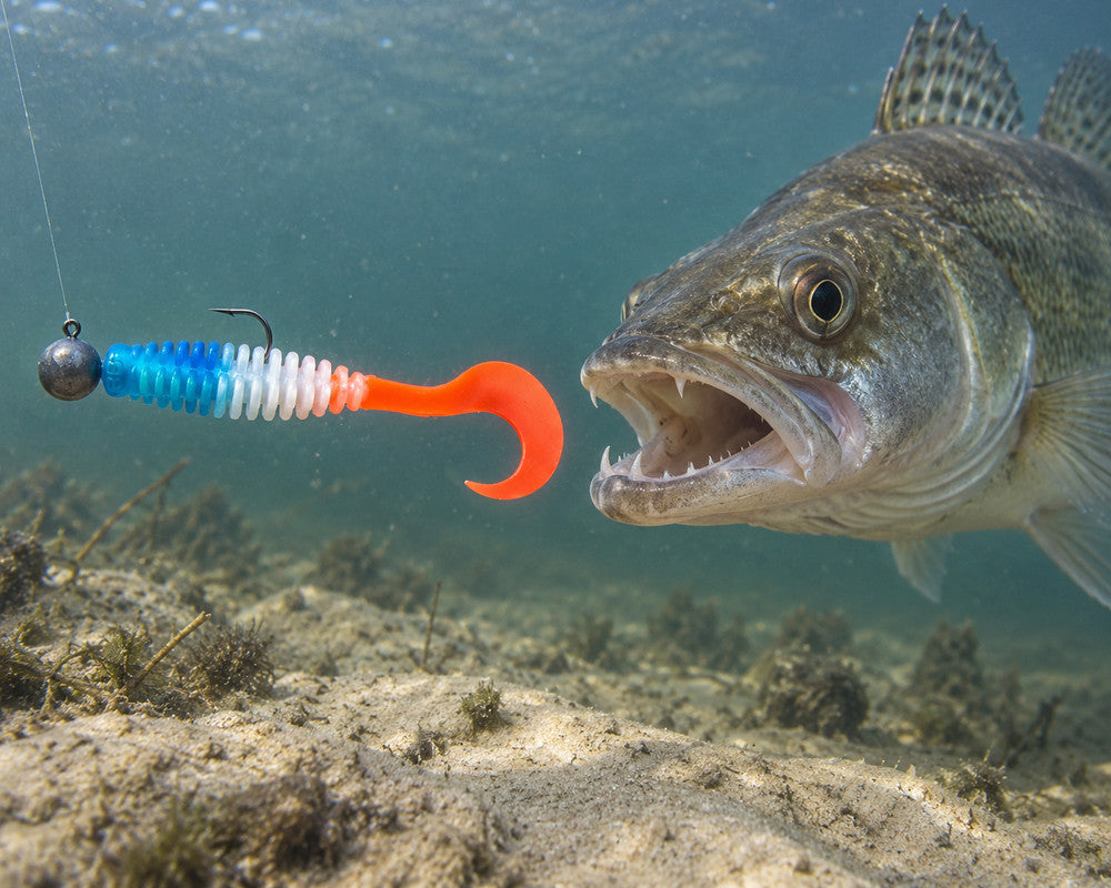 Boroda Baits Phantom 110 mm Francja - 314 — sandacz atakujący przynętę przy dnie, wizualizacja AI